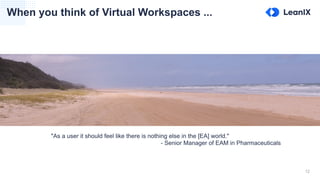 12
When you think of Virtual Workspaces ...
"As a user it should feel like there is nothing else in the [EA] world."
- Senior Manager of EAM in Pharmaceuticals
 