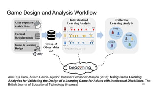 Game Design and Analysis Workflow
Individualized
Learning Analysis
Collective
Learning Analysis
….
Group 1
Group 2
Group 3
d1.a d1.n
d2.a
d3.a
d2.n
d3.n
*d = Data collected during a game session
User 1
User 2
User n
User 1
User n
User 3 User 2
User 5
User 4
User cognitive
restrictions
Formal
Requirements
Game & Learning
Design
Group of
Observables
xAPI
28
Ana Rus Cano, Alvaro Garcia-Tejedor, Baltasar Fernández-Manjón (2018): Using Game Learning
Analytics for Validating the Design of a Learning Game for Adults with Intellectual Disabilities. The
British Journal of Educational Technology (in press)
 