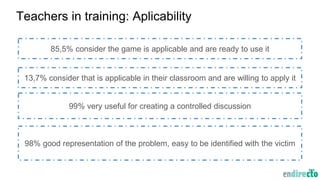 Teachers in training: Aplicability
85,5% consider the game is applicable and are ready to use it
13,7% consider that is applicable in their classroom and are willing to apply it
99% very useful for creating a controlled discussion
98% good representation of the problem, easy to be identified with the victim
 