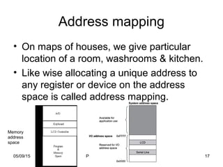 05/09/15 Presentation By Sania Gul 17
Address mapping
• On maps of houses, we give particular
location of a room, washrooms & kitchen.
• Like wise allocating a unique address to
any register or device on the address
space is called address mapping.
Memory
address
space
 