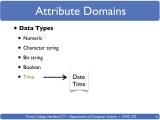 Attribute Domains
• Data Types
 • Numeric
 • Character string
 • Bit string
 • Boolean
 • Time                           Date
                                  Time




    Trinity College, Hartford CT • Department of Computer Science • CPSC 372   34
 