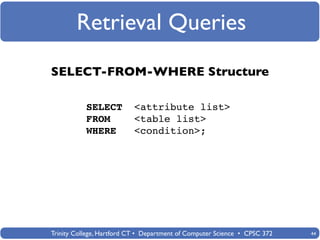 Retrieval Queries
SELECT-FROM-WHERE Structure

           SELECT          <attribute list>
           FROM            <table list>
           WHERE           <condition>;




Trinity College, Hartford CT • Department of Computer Science • CPSC 372   44
 