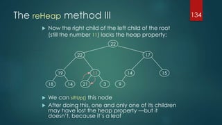 The reHeap method III
 Now the right child of the left child of the root
(still the number 11) lacks the heap property:
 We can siftUp() this node
 After doing this, one and only one of its children
may have lost the heap property —but it
doesn’t, because it’s a leaf
134
19
1418
11
321
14
9
15
1722
22
 