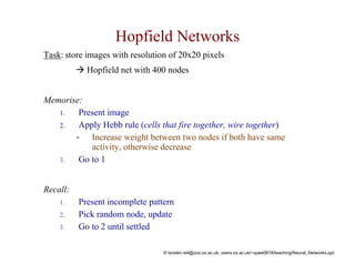 Hopfield Networks 
Task: store images with resolution of 20x20 pixels 
Æ Hopfield net with 400 nodes 
Memorise: 
1. Present image 
2. Apply Hebb rule (cells that fire together, wire together) 
- Increase weight between two nodes if both have same 
activity, otherwise decrease 
3. Go to 1 
Recall: 
1. Present incomplete pattern 
2. Pick random node, update 
3. Go to 2 until settled 
© torsten.reil@zoo.ox.ac.uk, users.ox.ac.uk/~quee0818/teaching/Neural_Networks.ppt 
 