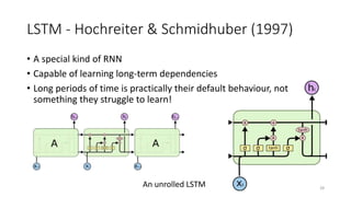 LSTM - Hochreiter & Schmidhuber (1997)
• A special kind of RNN
• Capable of learning long-term dependencies
• Long periods of time is practically their default behaviour, not
something they struggle to learn!
An unrolled LSTM 28
 