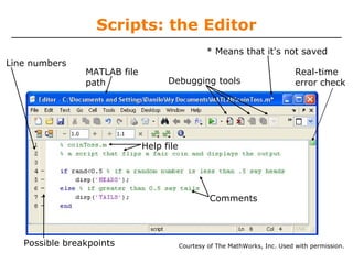 Scripts: the Editor
* Means that it's not saved
Line numbers
Comments
MATLAB file
path
Help file
Possible breakpoints
Debugging tools
Real-time
error check
Courtesy of The MathWorks, Inc. Used with permission.
 