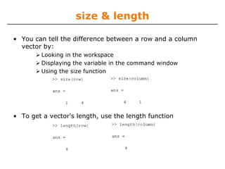 size & length
• You can tell the difference between a row and a column
vector by:
Looking in the workspace
Displaying the variable in the command window
Using the size function
• To get a vector's length, use the length function
 