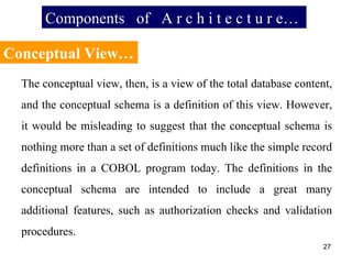 Components  of  A r c h i t e c t u r e… The conceptual view, then, is a view of the total database content, and the conceptual schema is a definition of this view. However, it would be misleading to suggest that the conceptual schema is nothing more than a set of definitions much like the simple record definitions in a COBOL program today. The definitions in the conceptual schema are intended to include a great many additional features, such as authorization checks and validation procedures.  Conceptual View… 