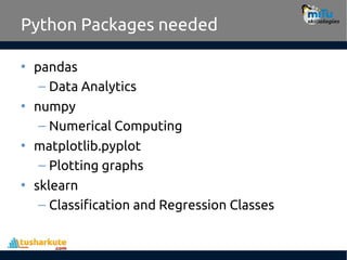 Python Packages needed
• pandas
– Data Analytics
• numpy
– Numerical Computing
• matplotlib.pyplot
– Plotting graphs
• sklearn
– Classification and Regression Classes
 
