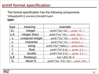 printf format speciﬁcation
The format speciﬁcation has the following components
%[ﬂags][width ][. precision ][ length]<type>
type:
type meaning example
d,i integer printf ("%d",10); /∗prints 10∗/
x,X integer (hex) printf ("%x",10); /∗print 0xa∗/
u unsigned integer printf ("%u",10); /∗prints 10∗/
c character printf ("%c",’A’); /∗prints A∗/
s string printf ("%s","hello"); /∗prints hello∗/
f ﬂoat printf ("%f",2.3); /∗ prints 2.3∗/
d double printf ("%d",2.3); /∗ prints 2.3∗/
e,E ﬂoat(exp) 1e3,1.2E3,1E−3
% literal % printf ("%d %%",10); /∗prints 10%∗/
12
 