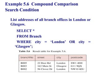 29
Example 5.6 Compound Comparison
Search Condition
List addresses of all branch offices in London or
Glasgow.
SELECT *
FROM Branch
WHERE city = ‘London’ OR city =
‘Glasgow’;
© Pearson Education Limited 1995, 2005
 