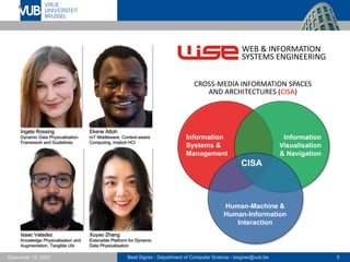 Beat Signer - Department of Computer Science - bsigner@vub.be 5
December 15, 2023
WEB & INFORMATION
SYSTEMS ENGINEERING
CISA
Human-Machine &
Human-Information
Interaction
Information
Systems &
Management
Information
Visualisation
& Navigation
CROSS-MEDIA INFORMATION SPACES
AND ARCHITECTURES (CISA)
Ekene Attoh
IoT Middleware, Context-aware
Computing, Implicit HCI
Isaac Valadez
Knowledge Physicalisation and
Augmentation, Tangible UIs
Xuyao Zhang
Extensible Platform for Dynamic
Data Physicalisation
Ingela Rossing
Dynamic Data Physicalisation
Framework and Guidelines
 