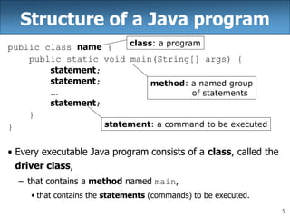 5
Structure of a Java program
public class name {
public static void main(String[] args) {
statement;
statement;
...
statement;
}
}
• Every executable Java program consists of a class, called the
driver class,
– that contains a method named main,
• that contains the statements (commands) to be executed.
class: a program
statement: a command to be executed
method: a named group
of statements
 
