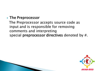    The Preprocessor
    The Preprocessor accepts source code as
    input and is responsible for removing
    comments and interpreting
    special preprocessor directives denoted by #.
 