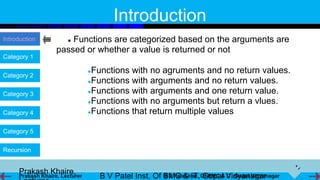 Introduction
Introduction           Functions are categorized based on the arguments are
                       ●
                   passed or whether a value is returned or not
Category 1

Category 2
                                ●Functions with no agruments and no return values.
                                ●Functions with arguments and no return values.

Category 3                      ●Functions with arguments and one return value.
                                ●Functions with no arguments but return a vlues.

Category 4                      ●Functions that return multiple values


Category 5


Recursion




                                                                                              *
     Prakash Khaire,
     Prakash Khaire, Lecturer       B V Patel Inst. Of B V Patel Inst. Of BMC & Vidyanagar
                                                       BMC & IT, Gopal IT, Gopal Vidyanagar
 