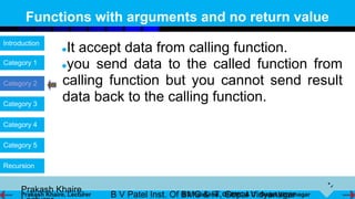 Functions with arguments and no return value
Introduction
                  ●It accept data from calling function.
Category 1        ●you send data to the called function from

Category 2        calling function but you cannot send result
Category 3
                  data back to the calling function.
Category 4

Category 5


Recursion




                                                                                          *
     Prakash Khaire,
     Prakash Khaire, Lecturer   B V Patel Inst. Of B V Patel Inst. Of BMC & Vidyanagar
                                                   BMC & IT, Gopal IT, Gopal Vidyanagar
 