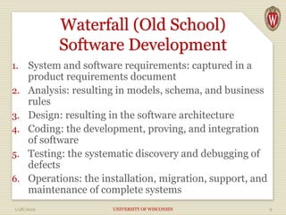 Waterfall (Old School)
Software Development
1. System and software requirements: captured in a
product requirements document
2. Analysis: resulting in models, schema, and business
rules
3. Design: resulting in the software architecture
4. Coding: the development, proving, and integration
of software
5. Testing: the systematic discovery and debugging of
defects
6. Operations: the installation, migration, support, and
maintenance of complete systems
1/28/2019 UNIVERSITY OF WISCONSIN 9
 
