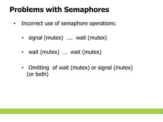 Problems with Semaphores
• Incorrect use of semaphore operations:
• signal (mutex) …. wait (mutex)
• wait (mutex) … wait (mutex)
• Omitting of wait (mutex) or signal (mutex)
(or both)
 