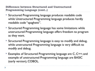 Difference between Structured and Unstructured
Programming Language (cont..)
 Structured Programming language produces readable code
while Unstructured Programming language produces hardly
readable code “spaghetti”.
 Structured Programming language has some limitations while
unstructured Programming language offers freedom to program
as they want.
 Structured Programming language is easy to modify and debug,
while unstructured Programming language is very difficult to
modify and debug.
 Examples of Structured Programming language are C, C++; and
example of unstructured Programming language are BASIC
(early version), COBOL.
 