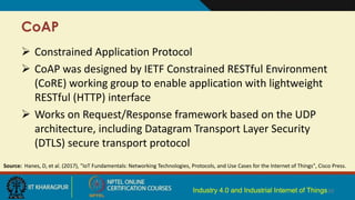 CoAP
 Constrained Application Protocol
 CoAP was designed by IETF Constrained RESTful Environment
(CoRE) working group to enable application with lightweight
RESTful (HTTP) interface
 Works on Request/Response framework based on the UDP
architecture, including Datagram Transport Layer Security
(DTLS) secure transport protocol
10Industry 4.0 and Industrial Internet of Things
Source: Hanes, D, et al. (2017), "IoT Fundamentals: Networking Technologies, Protocols, and Use Cases for the Internet of Things", Cisco Press.
 
