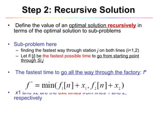 Step 2: Recursive Solution Define the value of an  optimal solution  recursively   in terms of the optimal solution to sub-problems Sub-problem here  finding the fastest way through station  j  on both lines (i=1,2) Let  fi  [ j ] be  the fastest possible time  to  go from starting point through  Si , j The fastest time to  go all the way through the factory :  f * x 1 and  x 2 are the  exit times  from lines 1 and 2, respectively 