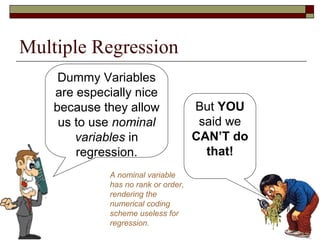 Multiple Regression
But YOU
said we
CAN’T do
that!
A nominal variable
has no rank or order,
rendering the
numerical coding
scheme useless for
regression.
Dummy Variables
are especially nice
because they allow
us to use nominal
variables in
regression.
 