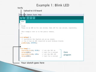 Verify
         Upload to I/O board




                               Core
                               program


    Your sketch goes here
 