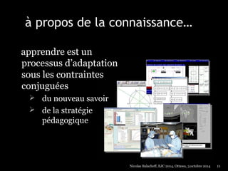 à propos de la connaissance… 
apprendre est un 
processus d’adaptation 
sous les contraintes 
conjuguées 
 du nouveau savoir 
 de la stratégie 
pédagogique 
Nicolas Balacheff, EJC 2014, Ottawa, 3 octobre 2014 11 
 