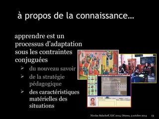 à propos de la connaissance… 
apprendre est un 
processus d’adaptation 
sous les contraintes 
conjuguées 
 du nouveau savoir 
 de la stratégie 
pédagogique 
 des caractéristiques 
matérielles des 
situations 
Nicolas Balacheff, EJC 2014, Ottawa, 3 octobre 2014 13 
 