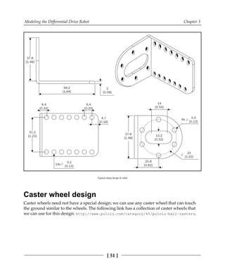 Modeling the Differential Drive Robot Chapter 3
[ 51 ]
Typical clamp design of robot
Caster wheel design
Caster wheels need not have a special design; we can use any caster wheel that can touch
the ground similar to the wheels. The following link has a collection of caster wheels that
we can use for this design: http://www.pololu.com/category/45/pololu-ball-casters.
 