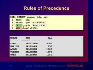 Using the OR OperatorOR requires either condition to be TRUE.SQL&gt; SELECT empno, ename, job, sal2  FROM   emp3  WHERE  sal&gt;=11004  OR     job=&apos;CLERK&apos;;    EMPNO ENAME      JOB             SAL--------- ---------- --------- ---------7839 KING       PRESIDENT      50007698 BLAKE      MANAGER        28507782 CLARK      MANAGER        24507566 JONES      MANAGER        29757654 MARTIN     SALESMAN       1250     ... 7900 JAMES      CLERK           950     ...14 rows selected.