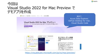 今回は
Visual Studio 2022 for Mac Preview で
デモアプリを作成
https://visualstudio.microsoft.com/ja/vs/mac/preview/
加えて、
Azure Data Explorer、
GitHub Desktop for mac、
Visual Studio Code
 