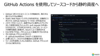 GitHub Actions を使⽤してソースコードから静的資産へ
• GitHub リポジトリにはソース コードが格納され、発⾏する
前にビルドする必要あり
• Static Web Apps インスタンスを作成すると、⾃動的にリ
ポジトリに GitHub Actions ワークフローが作成される
• このワークフローによって、追跡するように選択したブランチに
対して変更内容をプッシュしたり、pull request を作成し
たりするたびに、アプリがビルドされる。これにより、ソースコー
ドが静的資産に変換され、Azure によって提供される
• ビルドが完了すると、アクションによって資産がデプロイされる
• その GitHub アクションはリポジトリ
の .github/workflows フォルダーに追加される
• 必要に応じて、このファイルを確認または変更できる
• リソースの作成時に⼊⼒した設定は、GitHub アクションの
ファイルに保存される
 