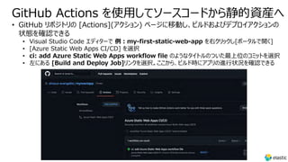 GitHub Actions を使⽤してソースコードから静的資産へ
• GitHub リポジトリの [Actions](アクション) ページに移動し、ビルドおよびデプロイアクションの
状態を確認できる
• Visual Studio Code エディターで 例︓my-first-static-web-app を右クリックし[ポータルで開く]
• [Azure Static Web Apps CI/CD] を選択
• ci: add Azure Static Web Apps workflow file のようなタイトルのついた最上位のコミットを選択
• 左にある [Build and Deploy Job]リンクを選択。ここから、ビルド時にアプリの進⾏状況を確認できる
 