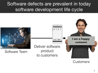 Software defects are prevalent in today
software development life cycle
5
Software Team
Deliver software  
product  
to customers
Customers
 
