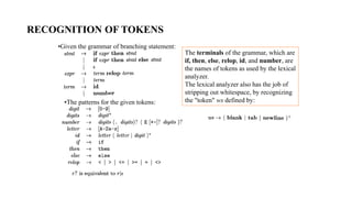 RECOGNITION OF TOKENS
•The patterns for the given tokens:
•Given the grammar of branching statement:
The terminals of the grammar, which are
if, then, else, relop, id, and number, are
the names of tokens as used by the lexical
analyzer.
The lexical analyzer also has the job of
stripping out whitespace, by recognizing
the "token" ws defined by:
 