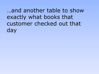 …and another table to show
exactly what books that
customer checked out that
day
 