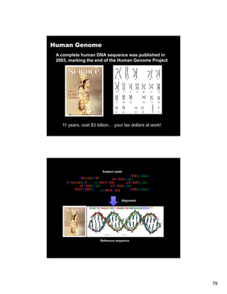 Human Genome
 A complete human DNA sequence was published in
 2003, marking the end of the Human Genome Project




   11 years, cost $3 billion… your tax dollars at work!




                         Subject reads
                                          CTATGCGGGC
           CTAGATGCTT          AT CTATGCGG
     TCTAGATGCT       GCTTAT CTAT       AT CTATGCGG
           AT CTATGCGG         AT CTATGCGG
         TTA T CTATGC    GCTTAT CTAT      CTATGCGGGC


                                     Alignment

                 CGGTCTAGATGCTTAGCTATGCGGGCCCCTT




                        Reference sequence




                                                          79
 