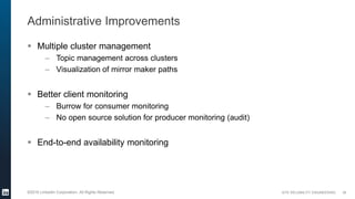 SITE RELIABILITY ENGINEERING©2016 LinkedIn Corporation. All Rights Reserved.
Administrative Improvements
 Multiple cluster management
– Topic management across clusters
– Visualization of mirror maker paths
 Better client monitoring
– Burrow for consumer monitoring
– No open source solution for producer monitoring (audit)
 End-to-end availability monitoring
38
 