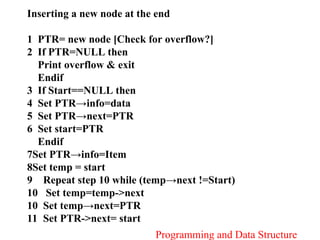 Programming and Data Structure
Inserting a new node at the end
1 PTR= new node [Check for overflow?]
2 If PTR=NULL then
Print overflow & exit
Endif
3 If Start==NULL then
4 Set PTR→info=data
5 Set PTR→next=PTR
6 Set start=PTR
Endif
7Set PTR→info=Item
8Set temp = start
9 Repeat step 10 while (temp→next !=Start)
10 Set temp=temp->next
10 Set temp→next=PTR
11 Set PTR->next= start
 