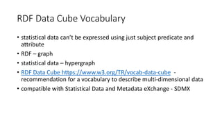 RDF Data Cube Vocabulary
• statistical data can’t be expressed using just subject predicate and
attribute
• RDF – graph
• statistical data – hypergraph
• RDF Data Cube https://www.w3.org/TR/vocab-data-cube -
recommendation for a vocabulary to describe multi-dimensional data
• compatible with Statistical Data and Metadata eXchange - SDMX
 