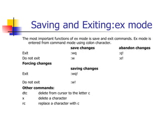 Saving and Exiting:ex mode The most important functions of ex mode is save and exit commands. Ex mode is entered from command mode using colon character. save changes abandon changes Exit :wq :q! Do not exit :w :e! Forcing changes saving changes Exit :wq! Do not exit :w! Other commands: dtc delete from cursor to the letter c x delete a character rc replace a character with c 
