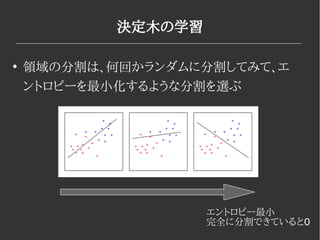決定木の学習
●
領域の分割は、何回かランダムに分割してみて、エ
ントロピーを最小化するような分割を選ぶ
エントロピー最小
完全に分割できていると0
 