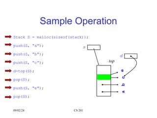 09/02/24 CS 201
Sample Operation
Stack S = malloc(sizeof(stack));
push(S, “a”);
push(S, “b”);
push(S, “c”);
d=top(S);
pop(S);
push(S, “e”);
pop(S);
s
a
b
c
top
e
d
 