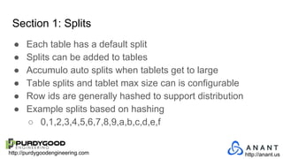http://purdygoodengineering.com http://anant.us
Section 1: Splits
● Each table has a default split
● Splits can be added to tables
● Accumulo auto splits when tablets get to large
● Table splits and tablet max size can is configurable
● Row ids are generally hashed to support distribution
● Example splits based on hashing
○ 0,1,2,3,4,5,6,7,8,9,a,b,c,d,e,f
 