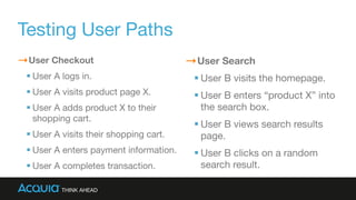 Testing User Paths
User Checkout
User A logs in.

User A visits product page X.

User A adds product X to their
shopping cart.

User A visits their shopping cart.

User A enters payment information.

User A completes transaction.
User Search
User B visits the homepage.

User B enters “product X” into
the search box.

User B views search results
page.

User B clicks on a random
search result.
 