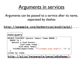 Arguments in services
Arguments can be passed to a service after its name,
              separated by slashes

http://example.org/myService/arg0/arg1/....

  main.query
  SELECT DISTINCT ?person ?email ?name WHERE {
    GRAPH ?g {
      ?person a foaf:Person ;
              foaf:name ?name ;
             foaf:mbox ?email .
        FILTER(regex(?name, "^{{lodspk.args.arg0}}", "i" ))
    }
  }order by ?name

  http://alia/twcpeople/peopleByName/c
 
