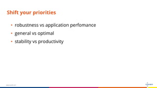www.luxoft.com
Shift your priorities
• robustness vs application perfomance
• general vs optimal
• stability vs productivity
 