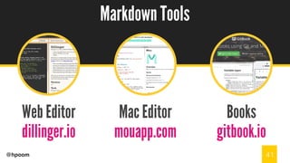 /
@hpoom
Web Editor
dillinger.io
Markdown Tools
Mac Editor
mouapp.com
Books
gitbook.io
41
 
