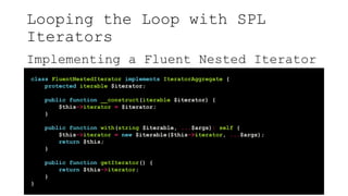 Looping the Loop with SPL
Iterators
Implementing a Fluent Nested Iterator
class FluentNestedIterator implements IteratorAggregate {
protected iterable $iterator;
public function __construct(iterable $iterator) {
$this->iterator = $iterator;
}
public function with(string $iterable, ...$args): self {
$this->iterator = new $iterable($this->iterator, ...$args);
return $this;
}
public function getIterator() {
return $this->iterator;
}
}
 